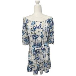 After Market Off The Shoulder White & Blue Floral Dress - Size Medium